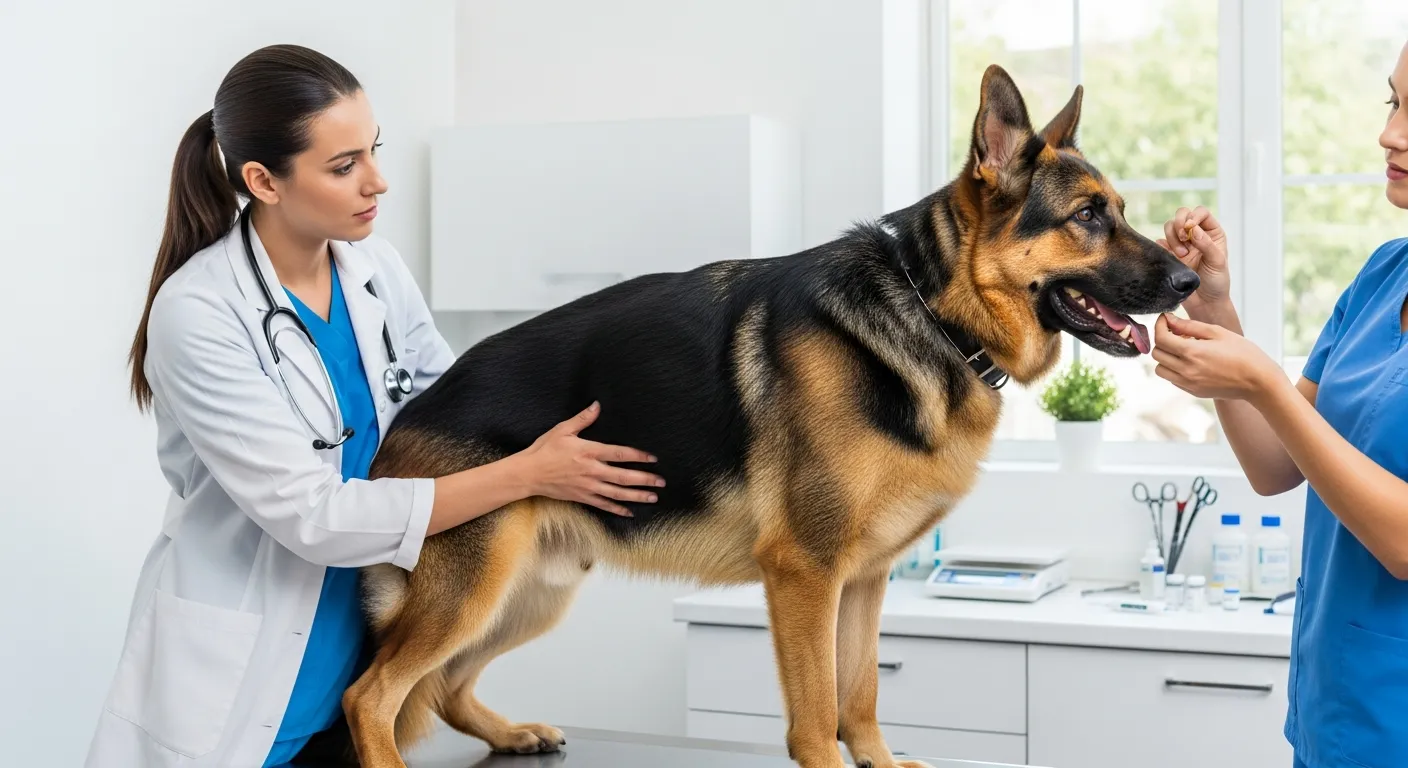 German Shepherd wellness exam at the veterinary clinic