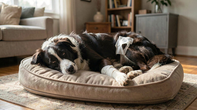 Border Collie recovering after knee surgery resting with a bandaged hind leg