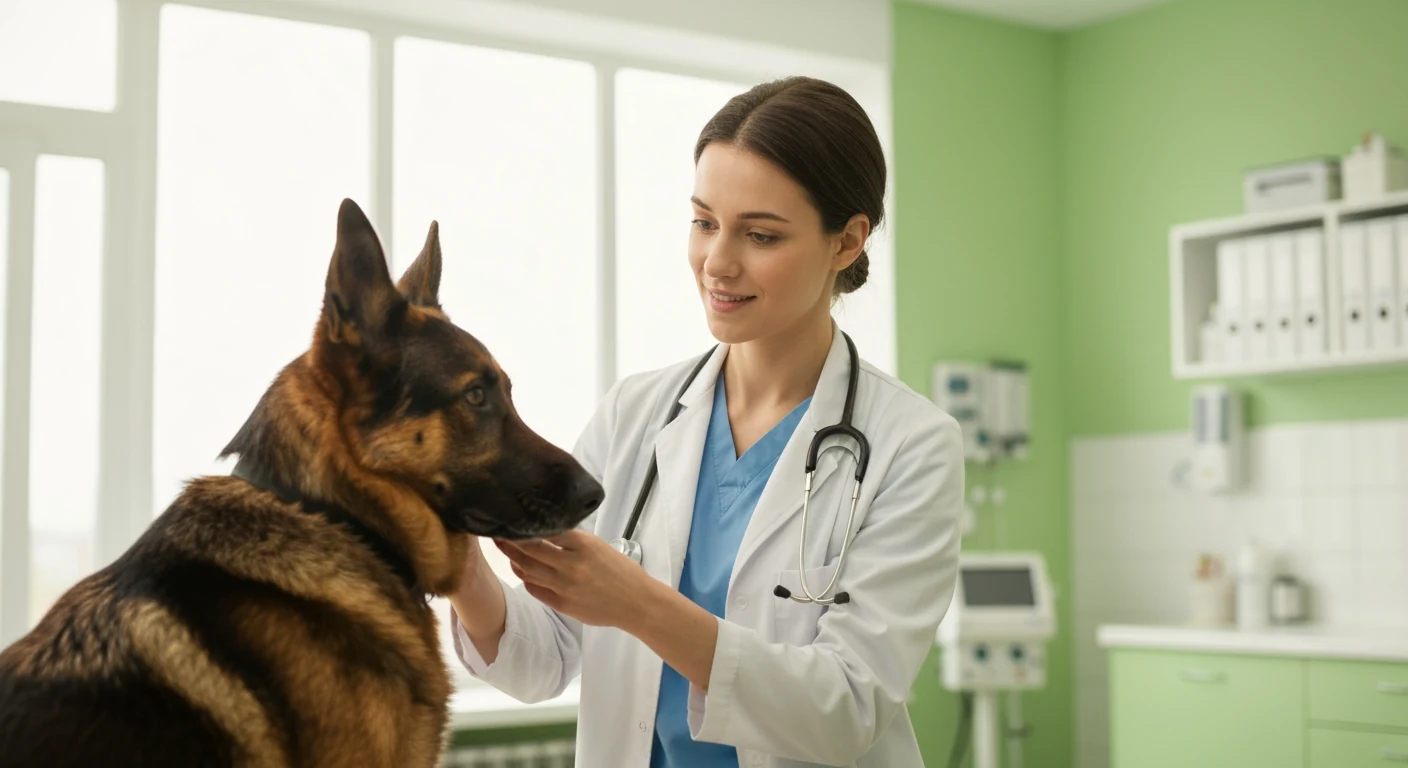 A vet examines a German Shepherd dog in a calm, professional clinical setting