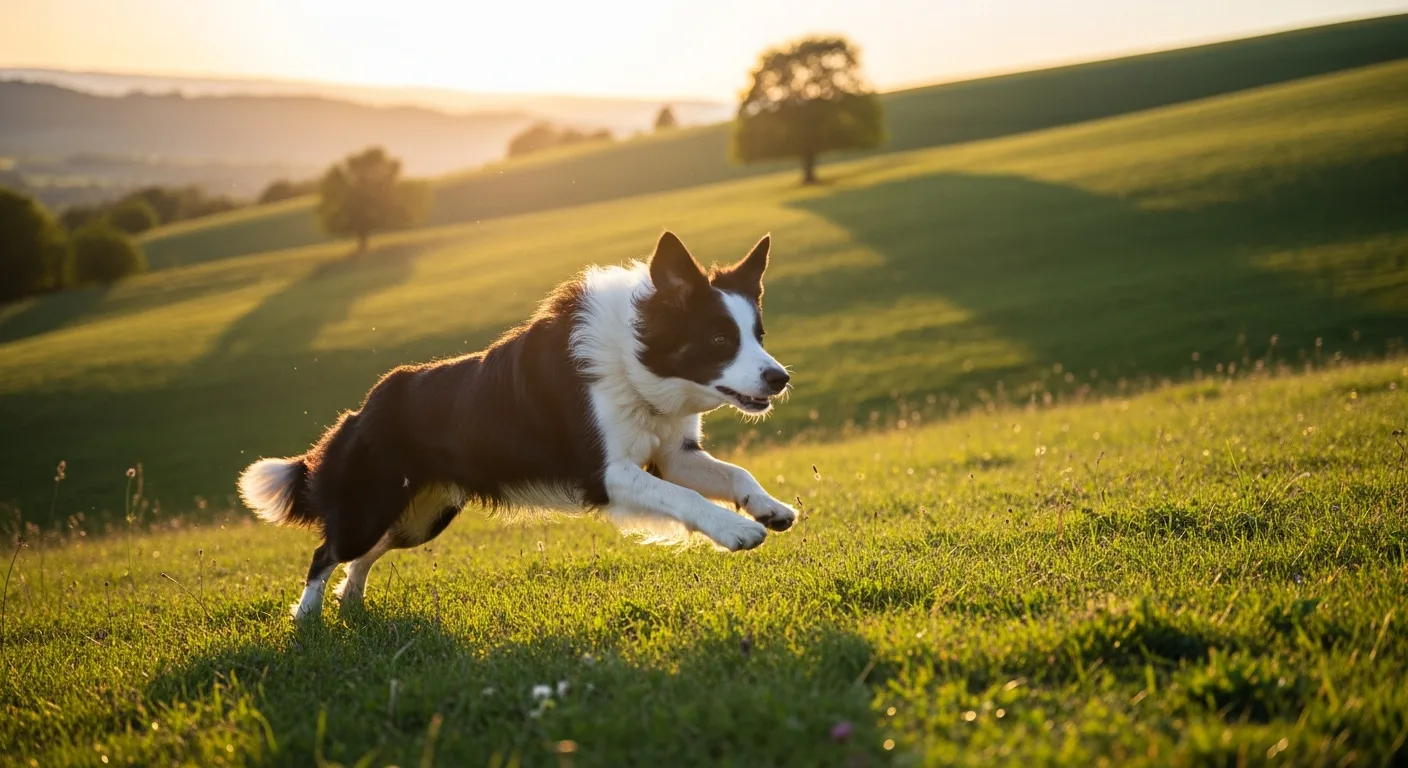 Border Collie working dog running at speed across hillside pasture