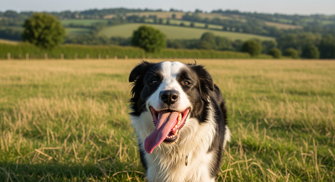 Working Border Collie panting heavily on a warm summer day in a British pasture