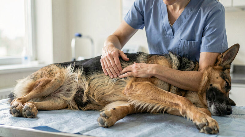 German Shepherd on a veterinary table with a vet palpating its abdomen