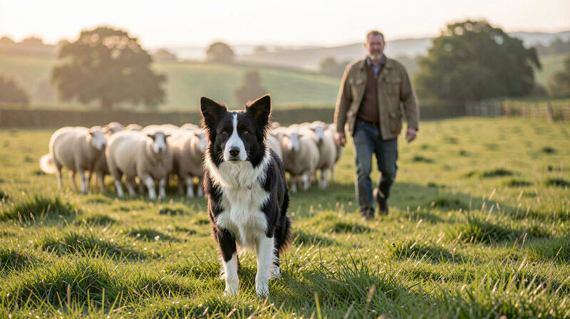 Border Collie working sheepdog standing alert in a green British pasture at dawn with sheep flock