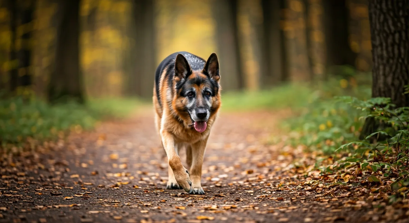 Senior German Shepherd dog walking on a forest trail with vitality