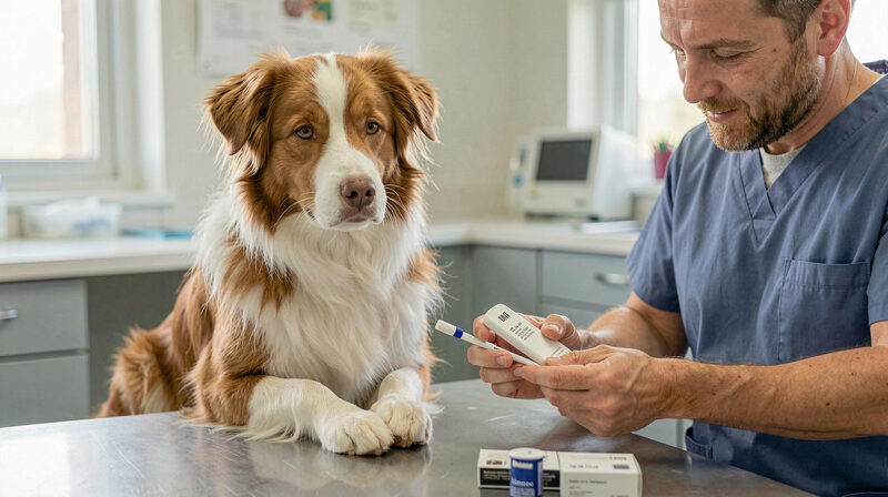 Australian Shepherd sitting beside a veterinarian holding a DNA test swab kit