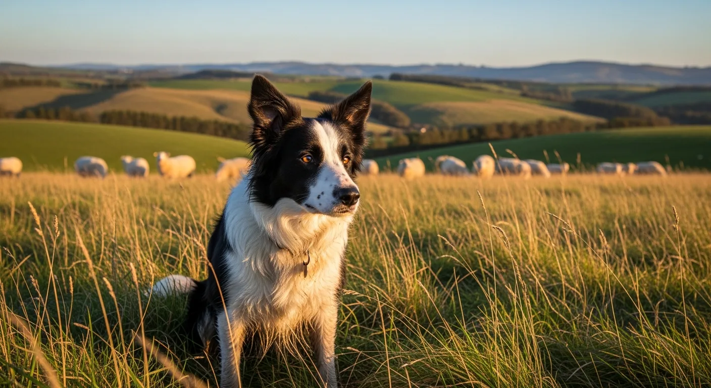 Border Collie working dog alert in farm pasture with livestock