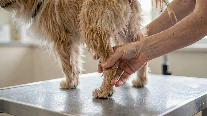 Veterinarian hands examining the hind leg knee joint of a Shetland Sheepdog