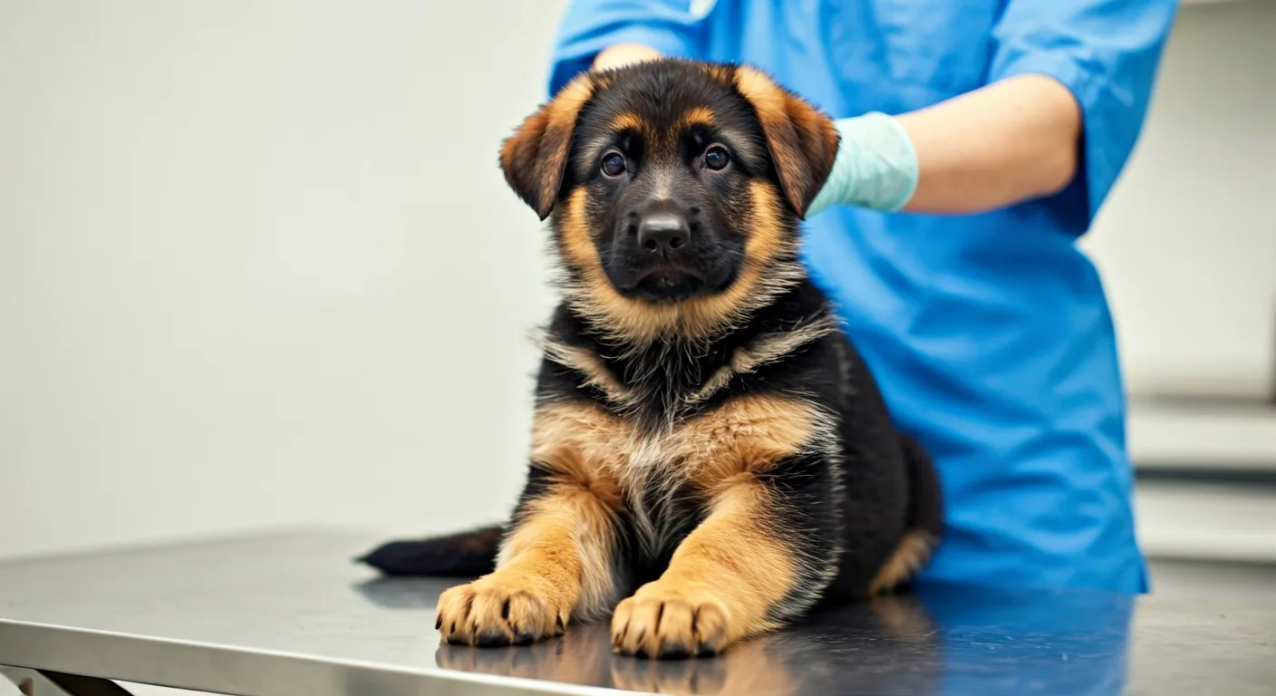Young German Shepherd puppy during first veterinary health examination