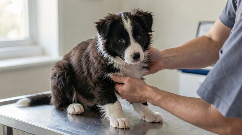 Border Collie puppy being gently held during a first veterinary health check