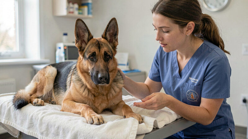 Female German Shepherd resting on a clean blanket at the veterinary clinic