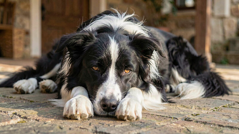 Stoic Border Collie lying quietly on farmhouse flagstones with head resting on paws