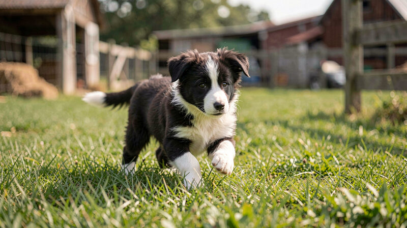 Young Border Collie puppy playing on green grass in a farmyard