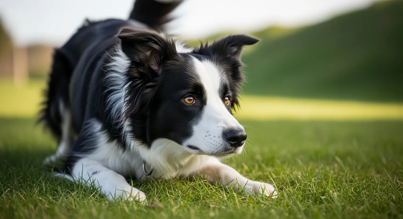 Border Collie in characteristic herding crouch with intense focused expression
