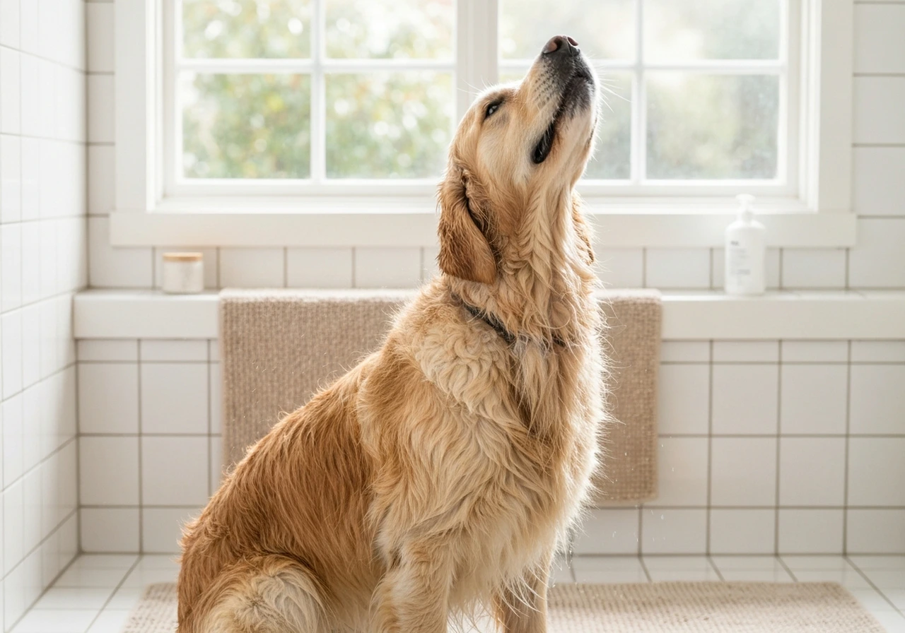 Golden Retriever being groomed