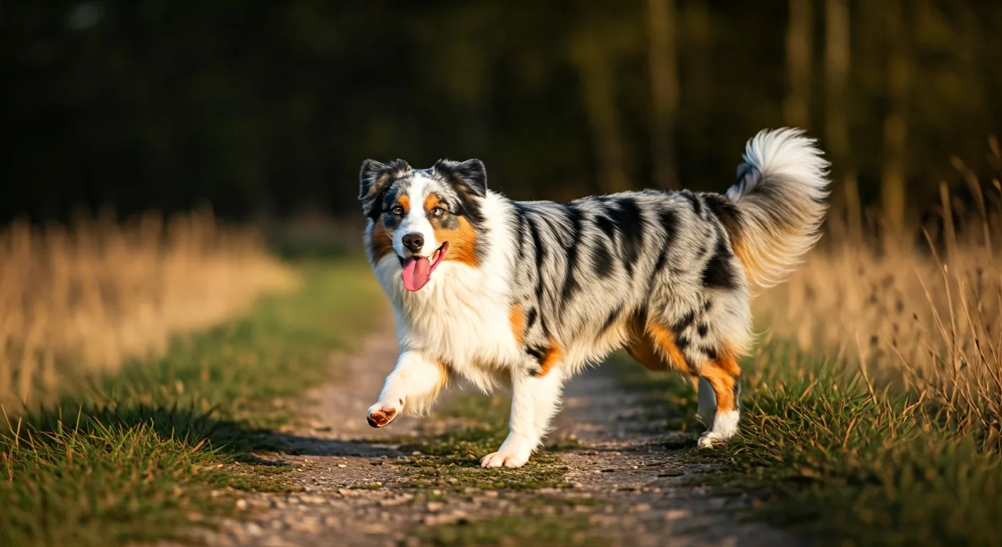 Athletic herding dog in ideal lean body condition running on country path